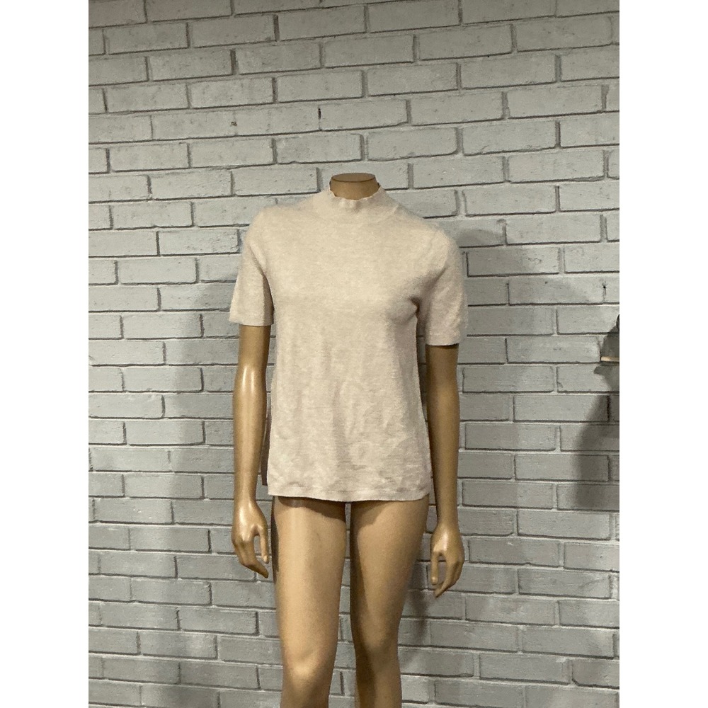 LOFT Oatmeal Beige Mock Neck Lettuce Edge Knit Sweater Coquette Quiet Luxury M